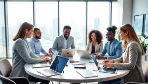 Engaged team discussing business strategies in a modern office environment.