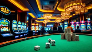 RAJABARONG enhances the excitement in this luxurious casino scene with vibrant slot machines.