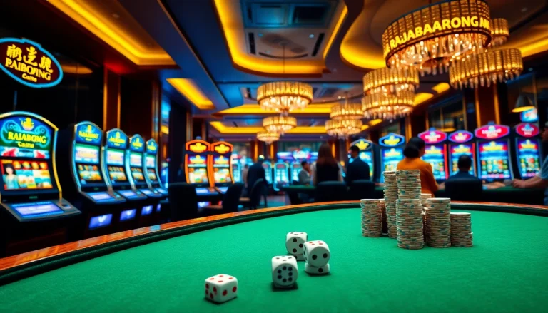 RAJABARONG enhances the excitement in this luxurious casino scene with vibrant slot machines.