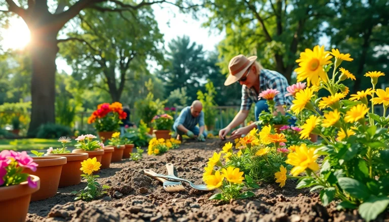 Gardening enthusiast planting seeds among vibrant blooms and green plants in a sunny garden.