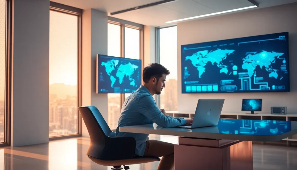 Connecting to 快连VPN in a modern office, showcasing global connectivity and cybersecurity.