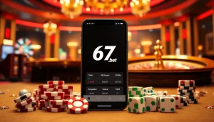 Experience the thrill of gambling with 67bet Download in a luxurious casino setting featuring cards and chips.
