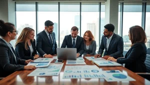 Business professionals engage in strategy discussions inside a vibrant office.