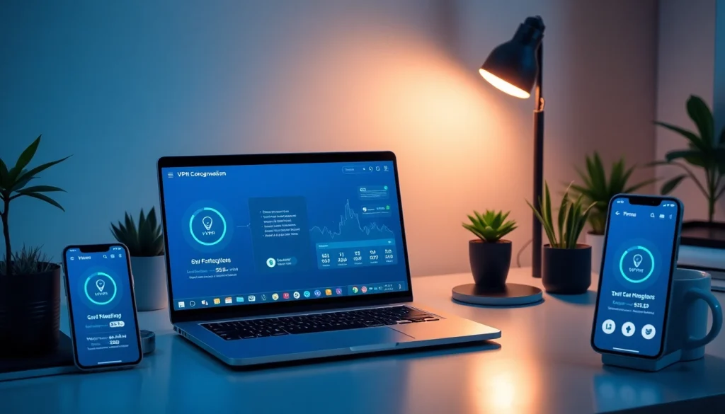快连vpn下载 app interface displayed on a sleek laptop in a modern workspace highlighting security and connectivity.