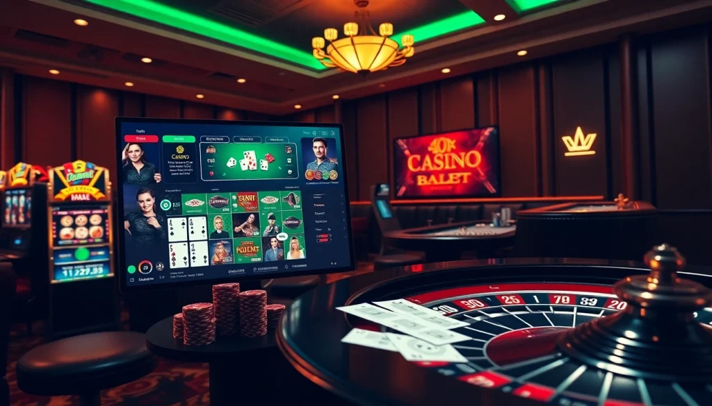 Engaging scene at nhà cái Jun88 showcasing modern online gambling with vibrant casino elements.