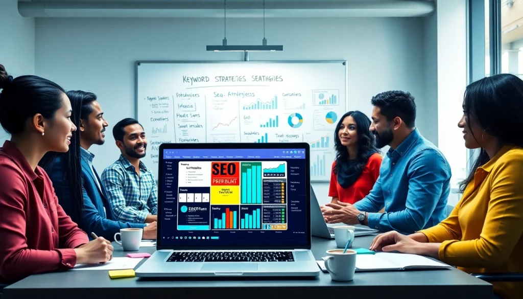 SEO strategy teamwork in a vibrant office with detailed analytics and growth charts.