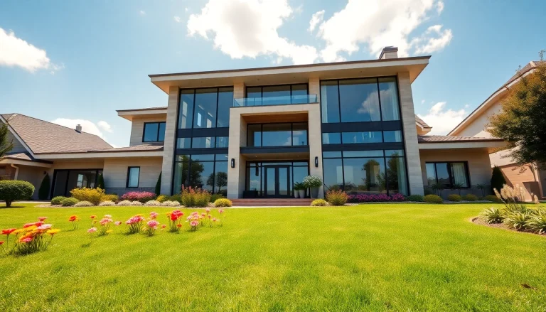 Real Estate luxurious home with expansive glass windows in a sunny neighborhood showcasing inviting architecture.