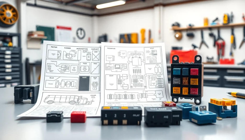 Analyze vehicle fuses at https://bezpieczniki24.pl with detailed schematics on a workshop table.