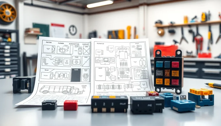Analyze vehicle fuses at https://bezpieczniki24.pl with detailed schematics on a workshop table.