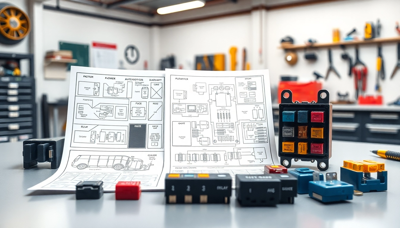 Analyze vehicle fuses at https://bezpieczniki24.pl with detailed schematics on a workshop table.