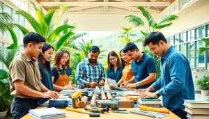 Engaged students at trade schools in Hawaii collaborating on hands-on training projects.