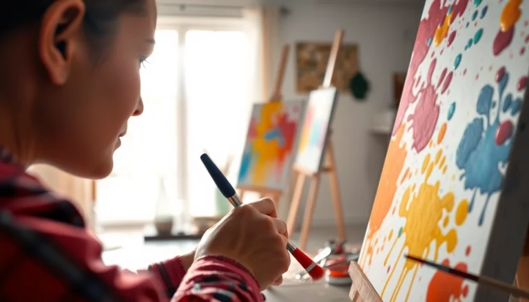 Creating vibrant art with acrylic paint at https://acrylicpedia.com in a sunlit studio.