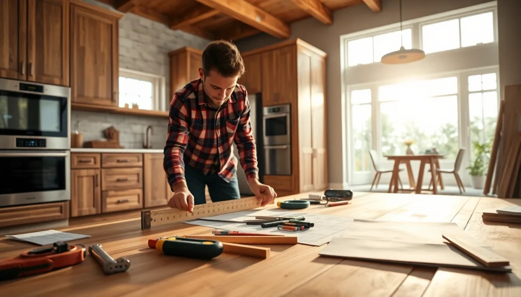 Craftsmen engaged in home renovation, focusing on a kitchen transformation with modern features.