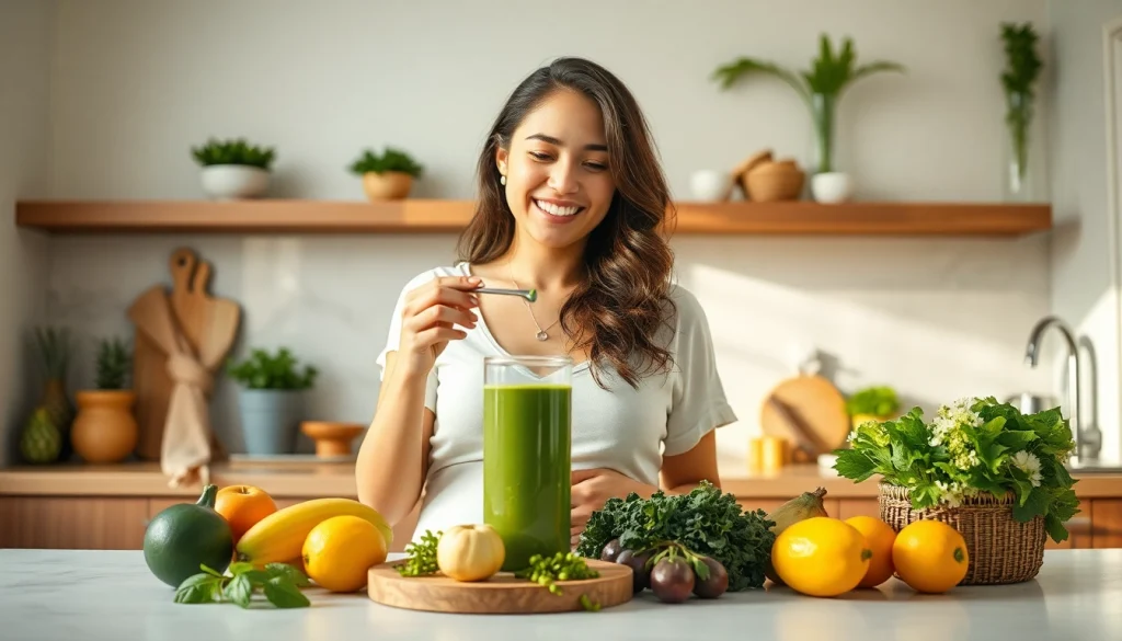 明るいキッチンで葉酸サプリを加えたスムージーを作る健康的な女性。
