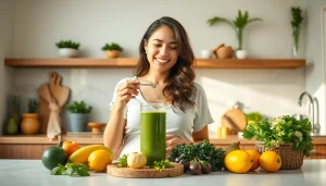 明るいキッチンで葉酸サプリを加えたスムージーを作る健康的な女性。