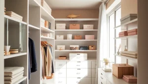 Closets showcasing organized storage solutions with stylish shelving and decor elements.