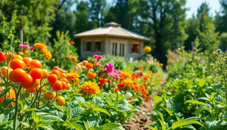 Engaging Gardening scene highlighting diverse vegetables and vibrant flowers.