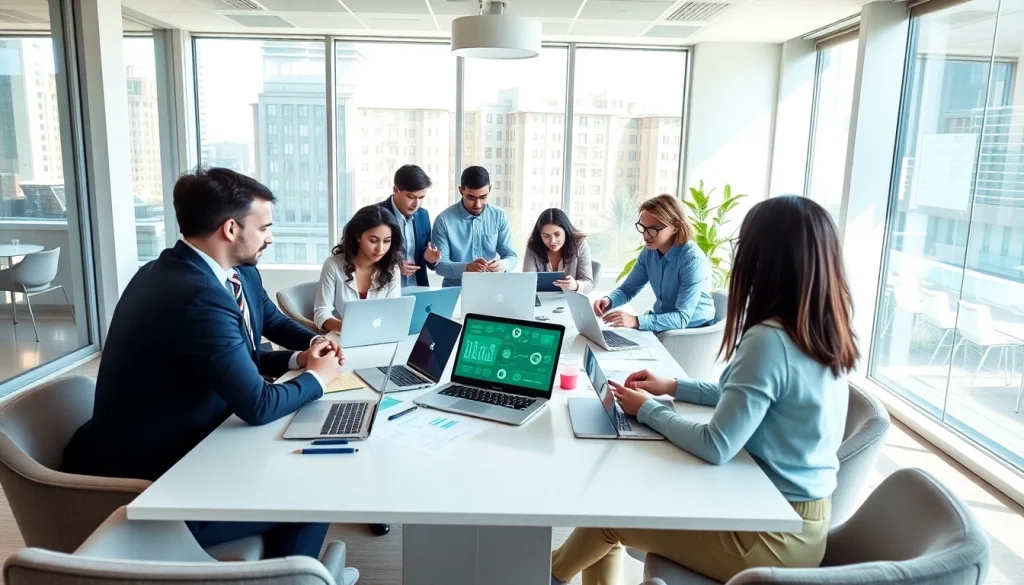 Agency team collaborating in a bright office, showcasing teamwork and innovation.