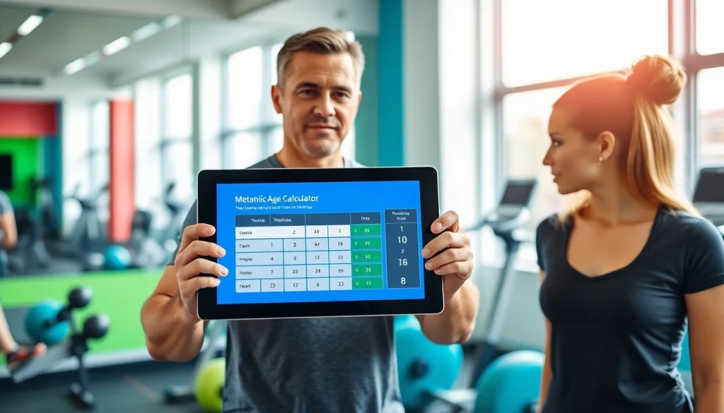 Engaging metabolic age calculator displayed by a professional trainer in a modern gym setting.