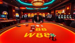 W88 players enjoying a thrilling casino experience at a poker table.