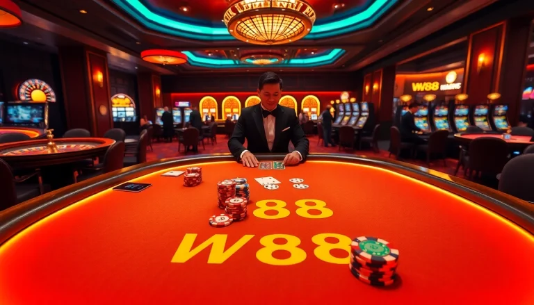 W88 players enjoying a thrilling casino experience at a poker table.