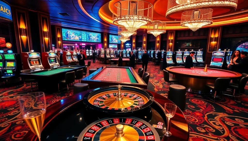 KJC-branded luxurious casino tables with vibrant games and sophisticated ambiance.