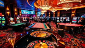 KJC-branded luxurious casino tables with vibrant games and sophisticated ambiance.