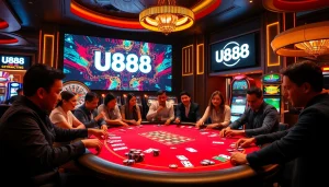 Experience thrilling poker action at U888's vibrant casino table filled with excited players.