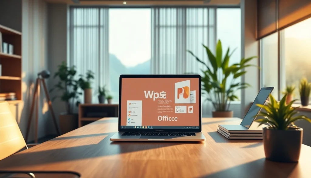 wps下载 displayed on a laptop in a modern office workspace with natural lighting.