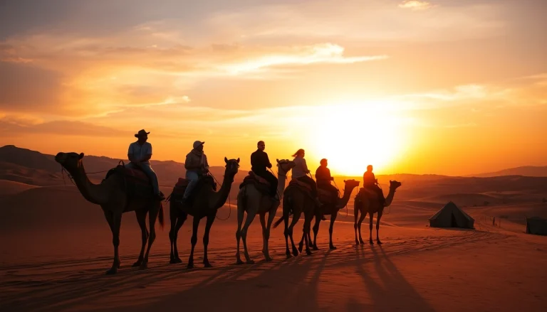 Camel ride Marrakech at sunset with riders against a colorful sky in Agafay Desert.