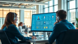 Engaging call center software interface in a modern office, promoting productivity and collaboration.