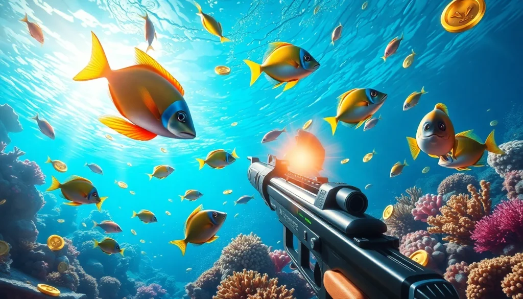 Engaging scene of bắn cá đổi thưởng featuring colorful fish and an exciting fishing setup, capturing the thrill of underwater gaming.