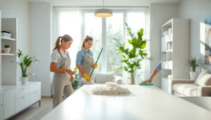 Cleaning service team thoroughly cleaning a bright, organized living room.