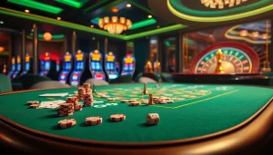 Engaging scene of Nhà Cái Uy Tín with high-end casino tables, poker chips, and slot machines.