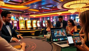 Players enjoying blackjack and slots in a vibrant casino scene with 33win com branding visible.