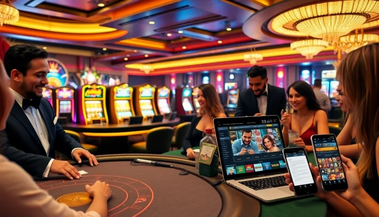 Players enjoying blackjack and slots in a vibrant casino scene with 33win com branding visible.