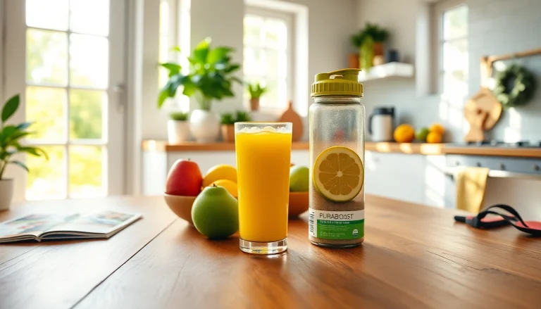 Puraboost energy drink displayed in a vibrant kitchen setting, promoting health and vitality.