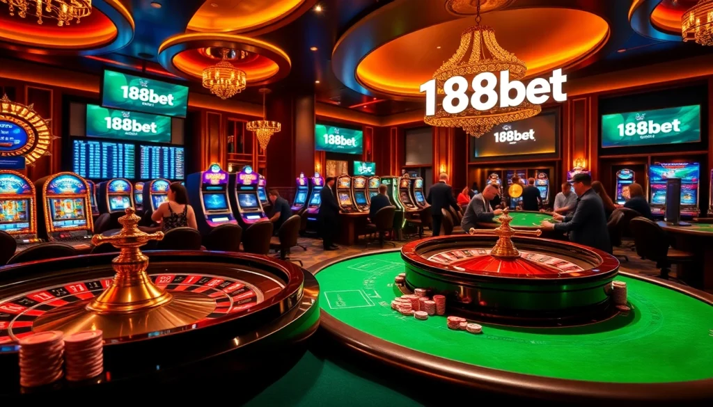 188bet players enjoying a vibrant casino atmosphere with poker tables and slot machines.