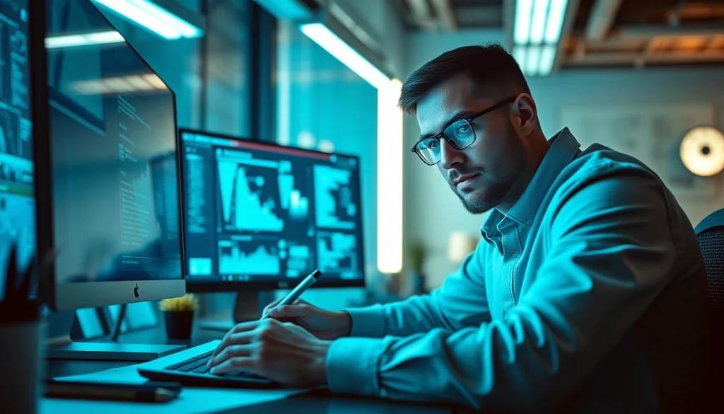 Digital artist using nano banana pro in a high-tech workspace, blending art and technology.