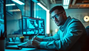 Digital artist using nano banana pro in a high-tech workspace, blending art and technology.