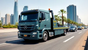 Check https://trtrecoveryuae.com for professional car recovery service in Dubai with a tow truck on a busy road.