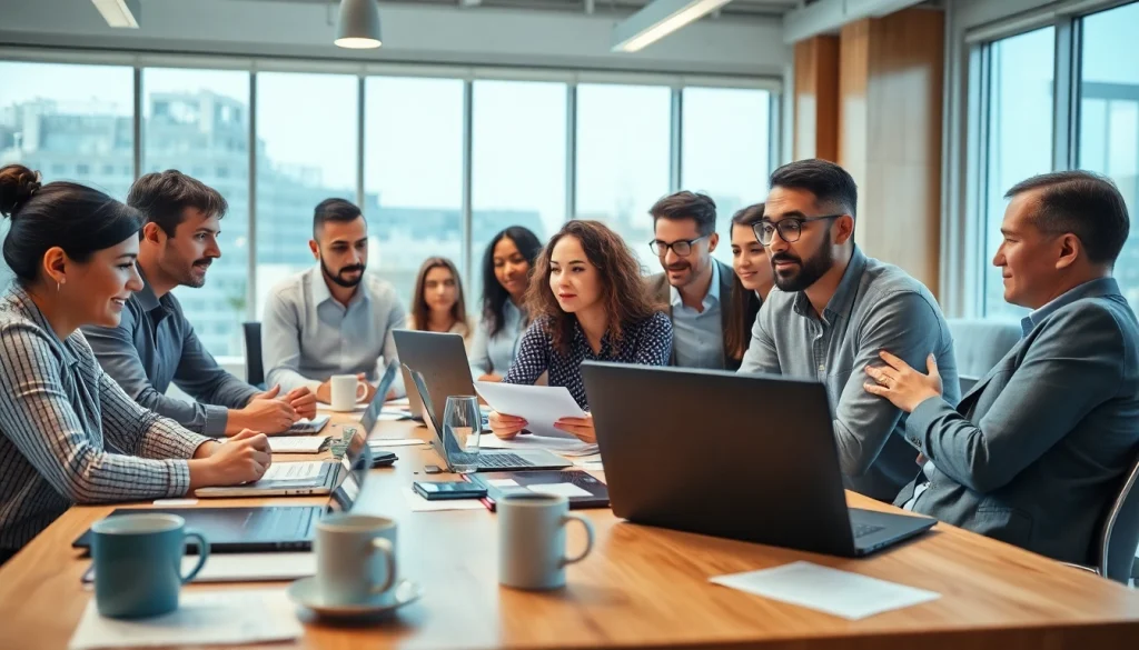 Business team collaborating in a modern workspace with a lively atmosphere.