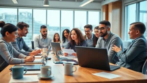 Business team collaborating in a modern workspace with a lively atmosphere.