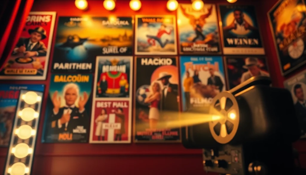 Experience the cinematic world of filmes with vibrant movie posters and a vintage projector.