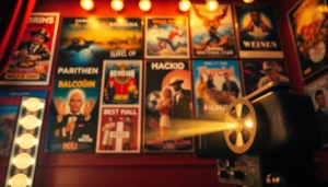 Experience the cinematic world of filmes with vibrant movie posters and a vintage projector.