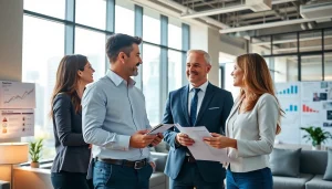 Engaging real estate agents discussing properties in a bright, modern office environment.