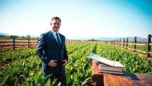 Agriculture law expert advising on farmer rights in a vibrant field setting.
