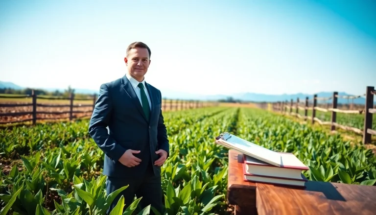 Agriculture law expert advising on farmer rights in a vibrant field setting.