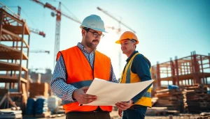 Engaged worker showcasing careers in construction at a busy construction site, emphasizing teamwork and growth.
