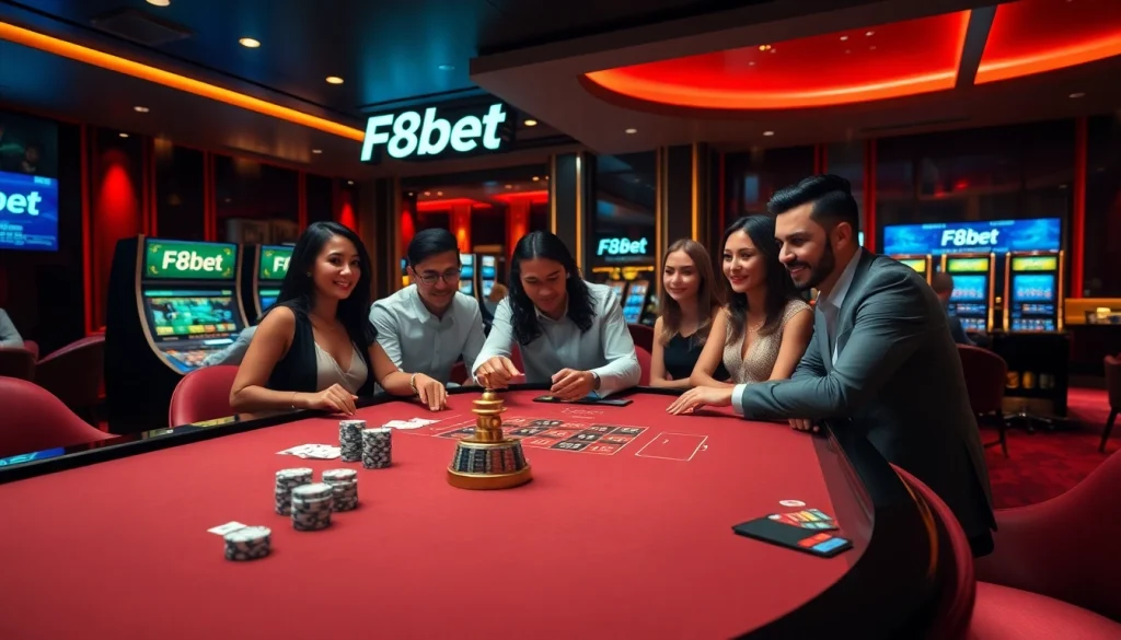 F8bet casino scene with players at a poker table in an elegant gaming environment